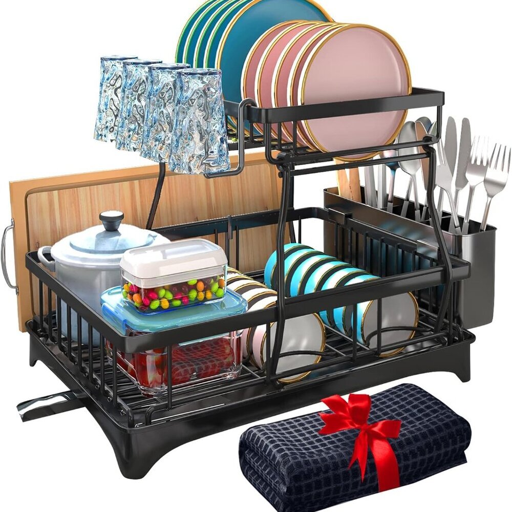 Dish Drying Rack, 2-Tier Dish Rack with Auto-Drain & Mat, Dish Racks for Kitchen